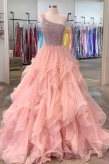 Quinceanera Dresses Ball Gown Long Prom Dresses One Shoulder Zipper up Beads