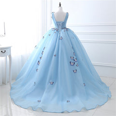 Quinceanera Dresses Blue Butterfly Flowers Lace Up Ball Gowns Long Prom Dresses