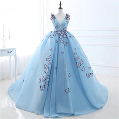 Quinceanera Dresses Blue Butterfly Flowers Lace Up Ball Gowns Long Prom Dresses