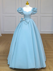 Quinceanera Kleid blau Satin Puffärmel Langes Promkleid blaues langes süßes Kleid