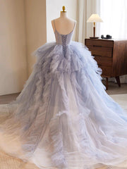 Quinceanera Kleid blau Tüll Lange Promkleid blaues Tüll Langes süßes Kleid