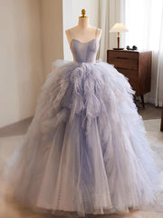 Quinceanera Kleid blau Tüll Lange Promkleid blaues Tüll Langes süßes Kleid