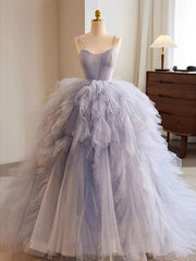 Quinceanera Kleid blau Tüll Lange Promkleid blaues Tüll Langes süßes Kleid