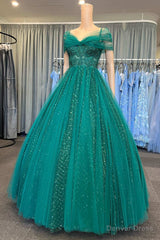 Quinceanera Dress Glitter Emerald Green Tulle Cold-Shoulder Ball Gown