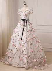 Quinceanera Dresses Gorgeous V-neck 3D Floral Lace Ball Gown Long Prom Dresses