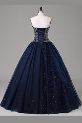 Quinceanera Dresses Navy Blue Ball Gown Floor Length Sweetheart Sleeveless Mid Back Prom Dresses