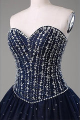 Quinceanera Dresses Navy Blue Ball Gown Floor Length Sweetheart Sleeveless Mid Back Prom Dresses