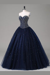 Quinceanera Dresses Navy Blue Ball Gown Floor Length Sweetheart Sleeveless Mid Back Prom Dresses