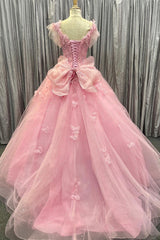 Quinceanera Dresses Pink Tulle 3D Floral Lace Bow-Back Ball Gown with Flutter Sleeves