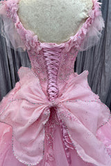 Quinceanera Dresses Pink Tulle 3D Floral Lace Bow-Back Ball Gown with Flutter Sleeves