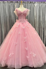 Quinceanera Dresses Pink Tulle 3D Floral Lace Bow-Back Ball Gown with Flutter Sleeves