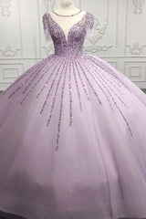 Quinceanera Dresses Princess Sheer Neck Long Prom Dresses Short Sleeves Ball Gown