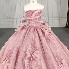 Quinceanera Dresses Romantic Pink beading Prom Dresses Sequined Sleeveless with Bowknot