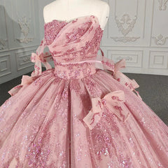 Quinceanera Dresses Romantic Pink beading Prom Dresses Sequined Sleeveless with Bowknot