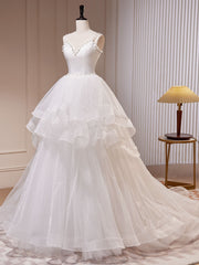 Quinceanera Dresses White A-Line Tulle Long Prom Dresses White Tulle Sweet Dresses