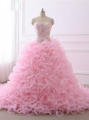 Quinceanera Dresses Ball Gown Sweetheart Organza Crystals Beaded Ruffles Pink