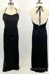 Halter Straps Black Mermaid Ruched Long Bridesmaid Dress