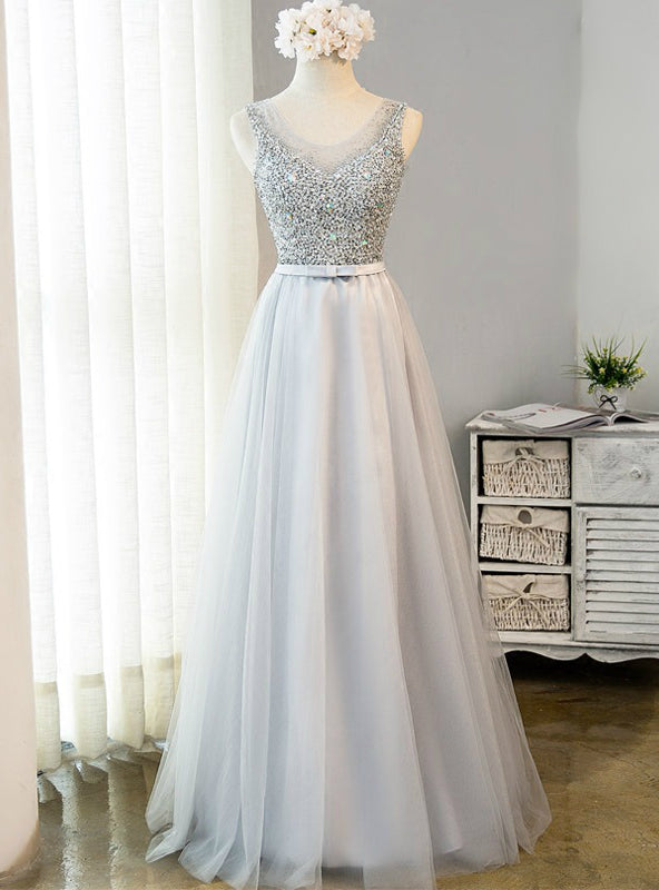 Ready To Ship Gray Tulle Beading Prom Dress