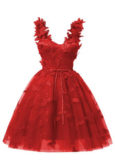 Red 3d Butterfly Lace Applique Tulle Vestido de regresso a casa para adolescentes