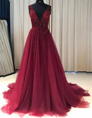 Red A-Line Deep V neck Sexy Beading Long Prom Dresses