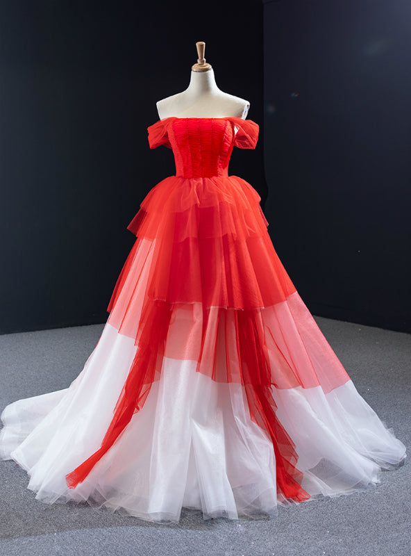 Red And White Tulle Off the Shoulder Pleats Beading Prom Dress