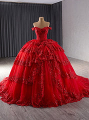 Red Ball Gown Lace Tiers Prom Dresses