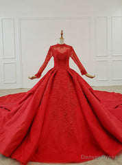 Red Ball Gown Satin High Neck Long Sleeve Sequins Wedding Dress With Long Train