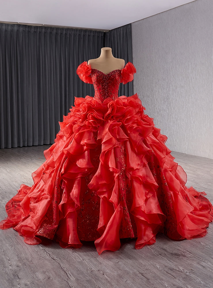 Red Ball Gown Sequins Off the Shoulder Pearls Prom Dress