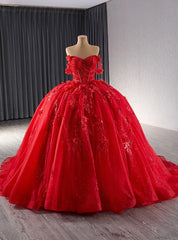 Red Ball Gown Tulle 3D Flower Beading Prom Dresses