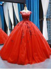 Red Ball Gown Tulle Appliques Bateau Backless Cap Sleeve Floor Length Prom Dresses