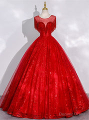 Red Ball Gown Tulle Beading Backless Quinceanera Dress