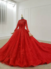 Red Ball Gown Tulle Lace High Neck Long Sleeve Beading Wedding Dress