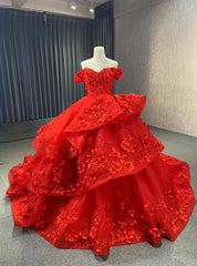 Red Ball Gown Tulle Off the Shoulder 3D Appliques Prom Dresses