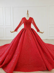 Red Ball Gown Tulle Sequins V-neck Long Sleeve Wedding Dress With Train