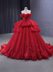 Red Ball Gown Tulle Strapless 3D Flower Prom Dresses