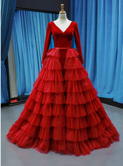 Red Ball Gown Tulle Velvet Long Sleeve V-neck Haute Couture Prom Dresses