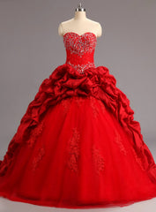 Red Ball Gowns Ruffles Tulle Taffeta Lace Appliques For 15 Year