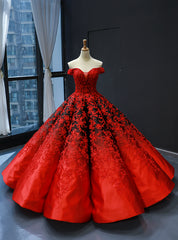 Red Black Ball Gown Satin Appliques Off the Shoulder Quinceanera Dresses