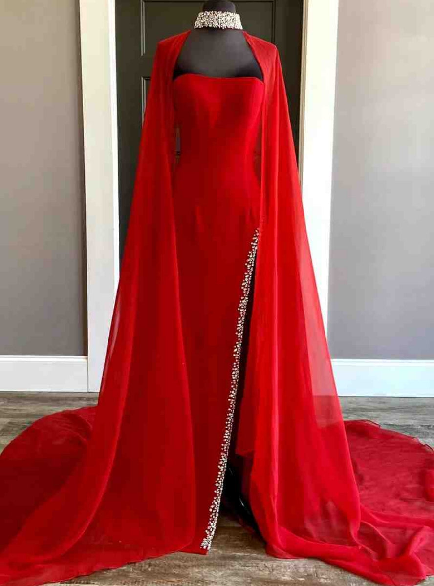 Red Chiffon Side Slit Beading Prom Dress With Cape