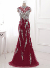 Red Evening Dresses Crystal Long Prom Dresses Sexy Illusion