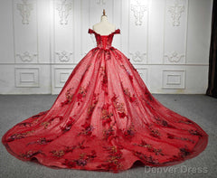 Red Flower  Off-the-Shoulder Quinceaera Dress