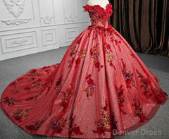 Red Flower  Off-the-Shoulder Quinceaera Dress