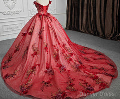 Red Flower  Off-the-Shoulder Quinceaera Dress