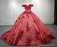 Red Flower  Off-the-Shoulder Quinceaera Dress