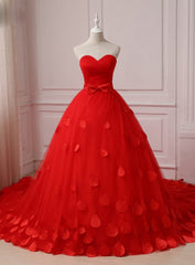 Red Flower Petals Ruched Sweetheart Sleeveless Wedding Dresses