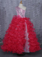 Red Girls Pageant Dresses For Weddings Ball Gown One-shoulder