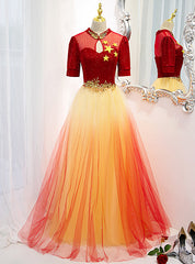 Red Gradient Tulle Short Sleeve Prom Dresses