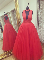 Red Halter Deep V-neck Tulle Floor Length Prom Dresses