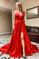 Red Halter V-Neck A-Line Simple Prom Dress with Pockets