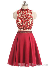 Red High Neck Chiffon Beading Crystal Homecoming Dress